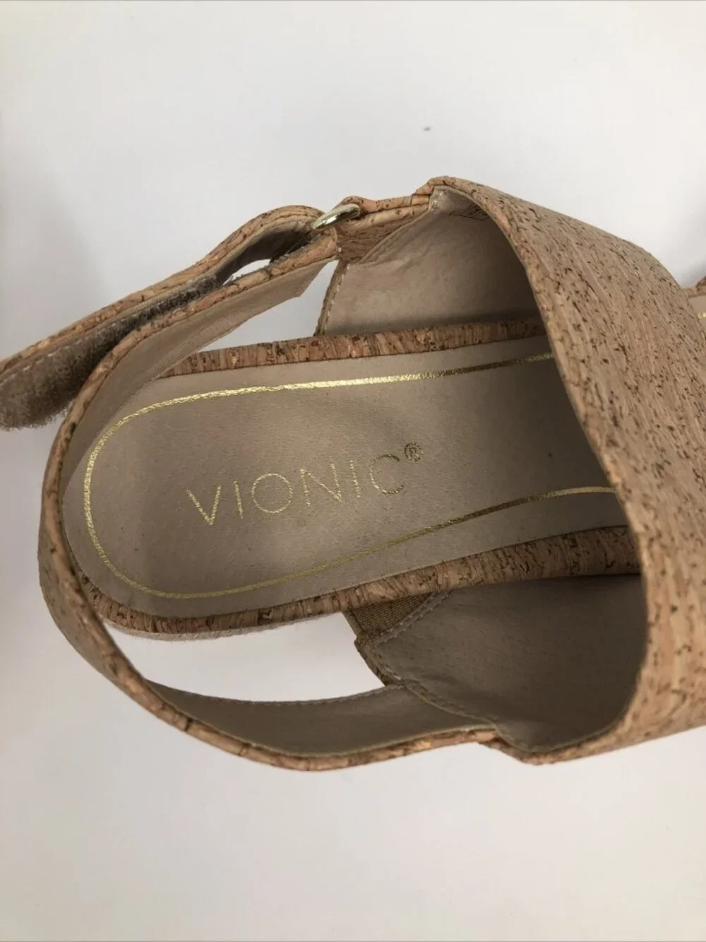 Vionic Shoes Womens 9 Brooke Cork Beige Espadrille Gold Fleck Wedge Heel Sandal